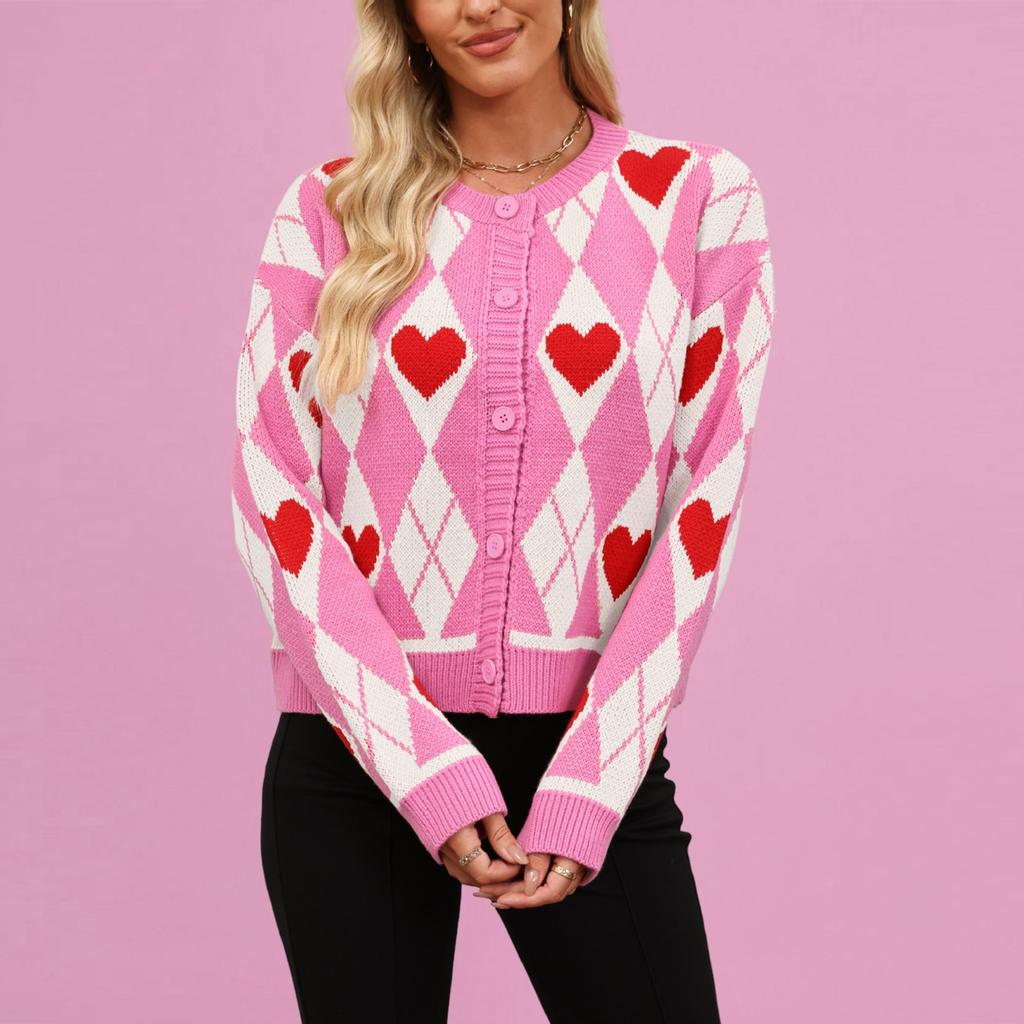 Women's Fashionable Round Neck Long Sleeved Heart-shaped Contrasting Button Casual Sweater Jacket