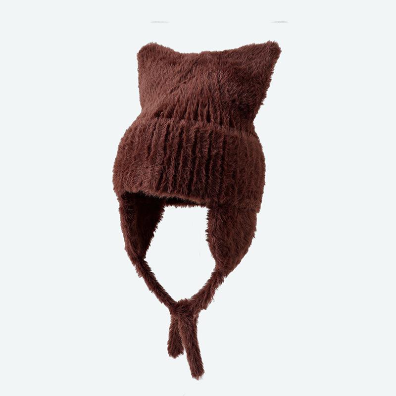 Korean New Hat for Women's Autumn and Winter Solid Color Knitted Wool Hat Cute Cat Ears Winter Warm Ear Protection Hat