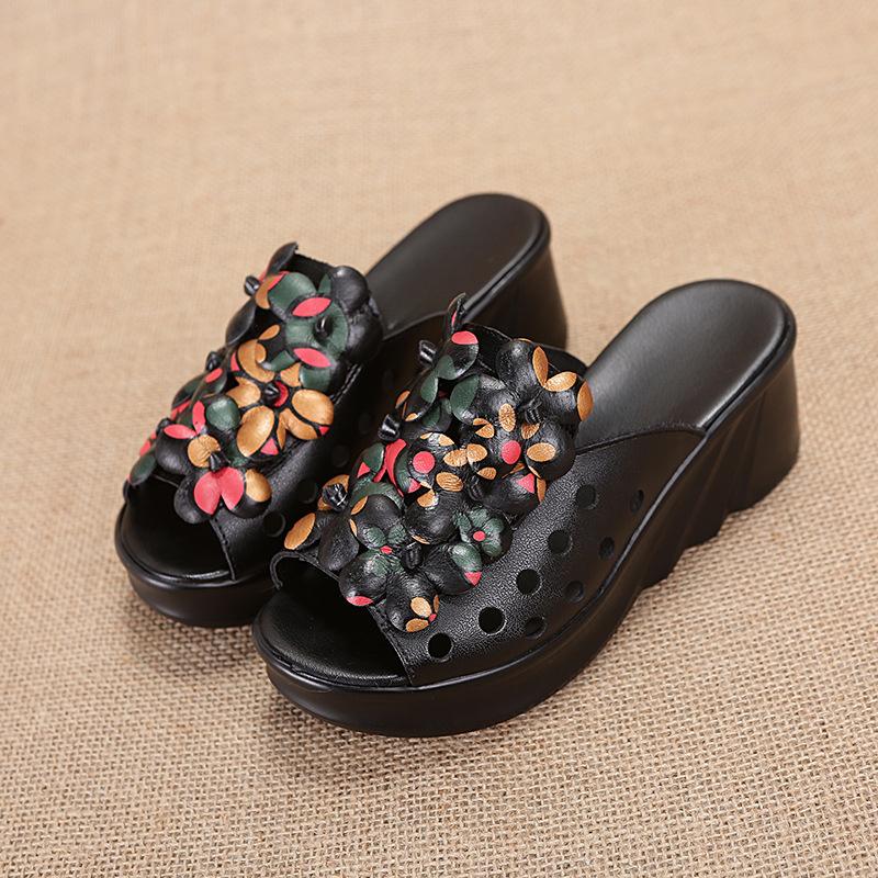 6cm Ethnic Style Slippers Women Wear Thick-soled Wedges and Fashionable Flowers In Summer, Comfortable High-heeled Sandals