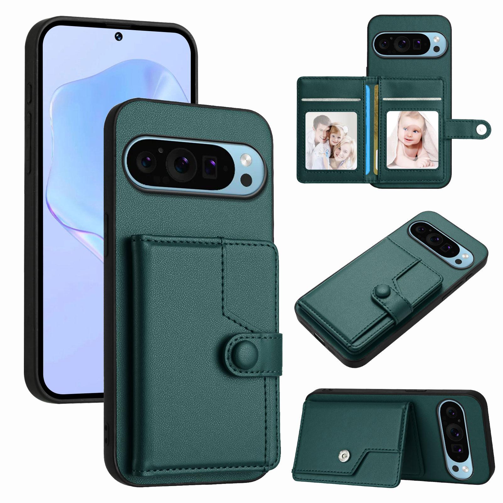 

For Google Pixel 9 Case RFID Blocking Card Holder Kickstand TPU+PU Leather Phone Back Cover Green