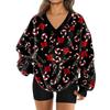 Women's Fashionable V-neck Christmas Printed Long Sleeved Casual Pullover Plush Warm Pocket Sweatshirt Top