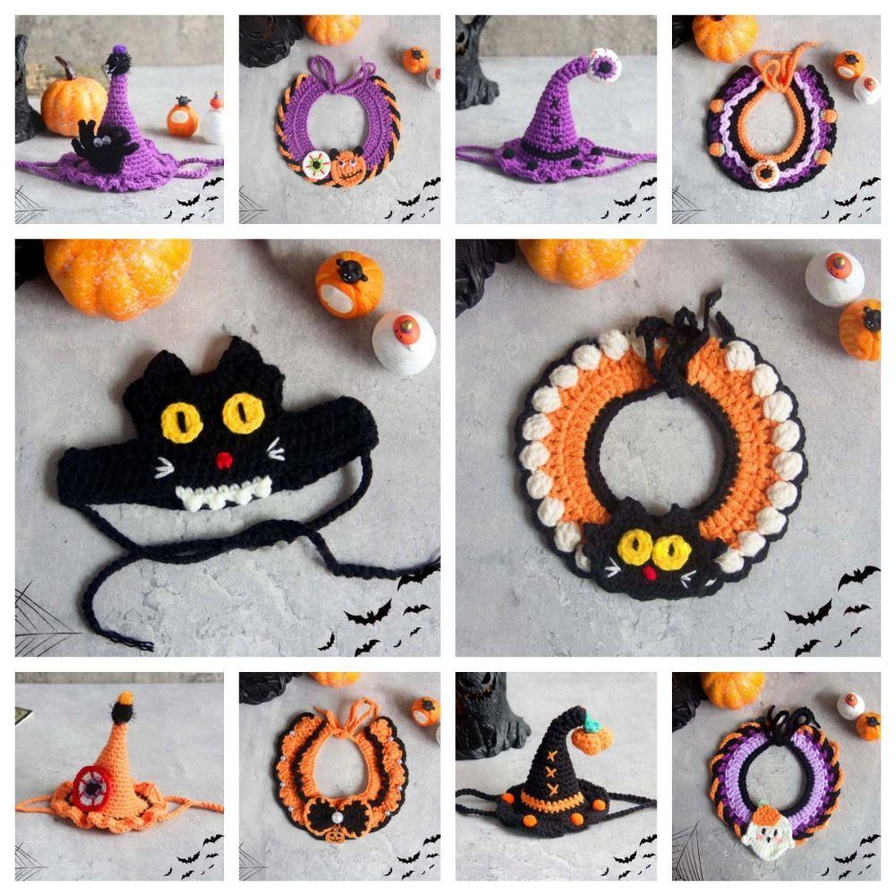Clothes Halloween Cat Headgear Pumpkin Cat Woven Hat Bib Halloween Pets Costumes  Pet Accessories