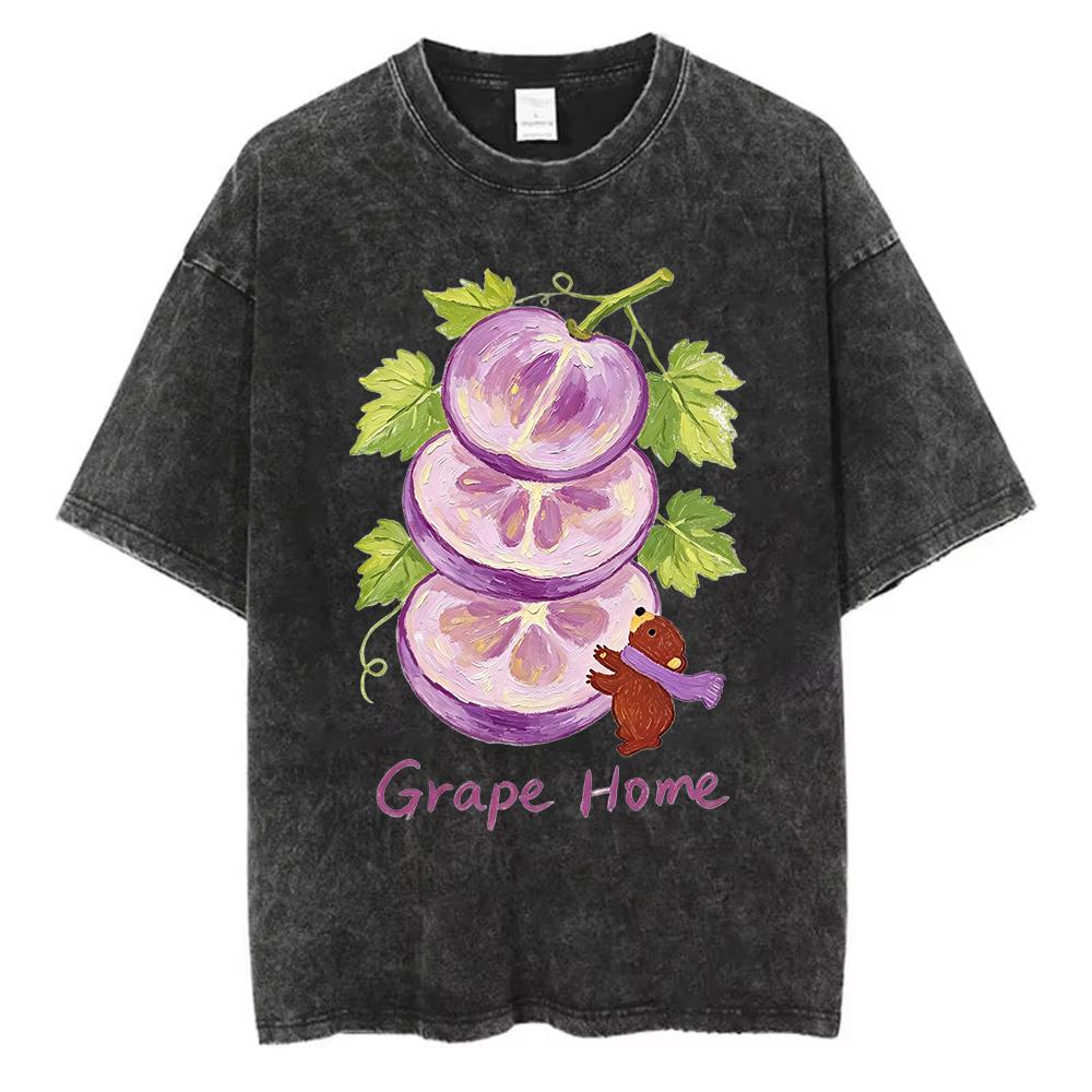 Grape Graphic Washed T Shirt Women Vintage Fruit Print Tee Casual Short Sleeve Summer Cotton Harajuku Streetwear Unisex Tops 2XL