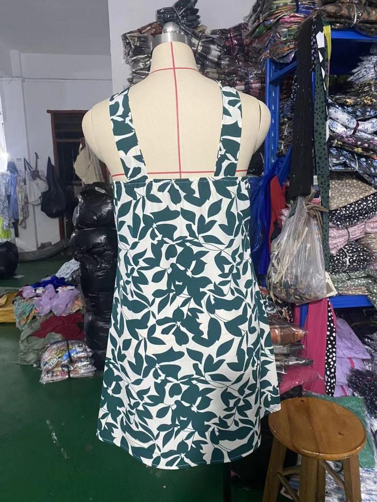 Halter Neck Flower Print Dress Lace Up Ruffle Edge Backless Dress Sleeveless Chiffon Dresses Causal Women Dress
