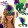 Half Face with Feathers Rhinestones Gold Purple Green Lace for Halloween Party
