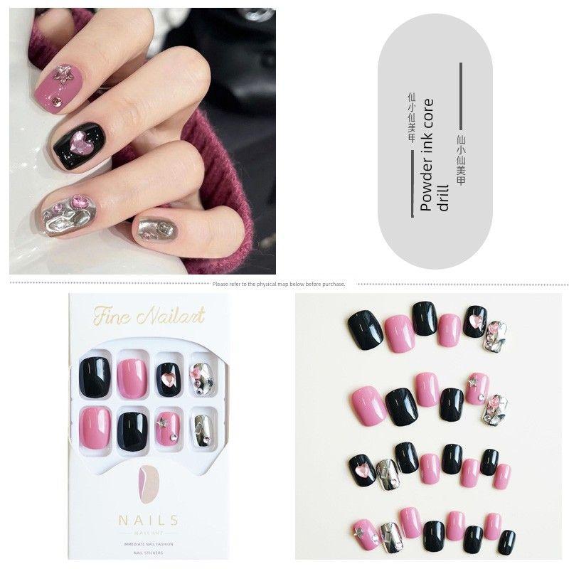 

Silver Glitter Gradient Pearl Full Diamond Wear Nail Bride Photo Short Nail Stickers Elegant Pure Desire Fake Nail Tip 173-pink ink heart drill