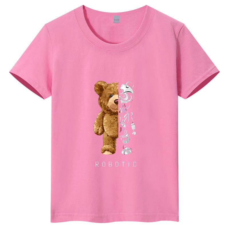 

Summer Pure Cotton Childrens Short Sleeved Mechanical Teddy Bear Printed Childrens Tshirt Round Neck Casual Parentchild Top 3XL