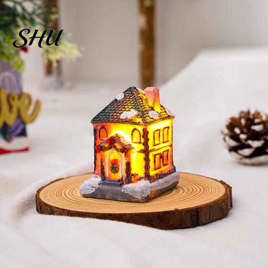 Desktop Christmas House Ornament Glowing Romantic Warm Lighting Resin Craft Small Glow LED Snow Covered Decoration Figurine Statue Party Festival Gift