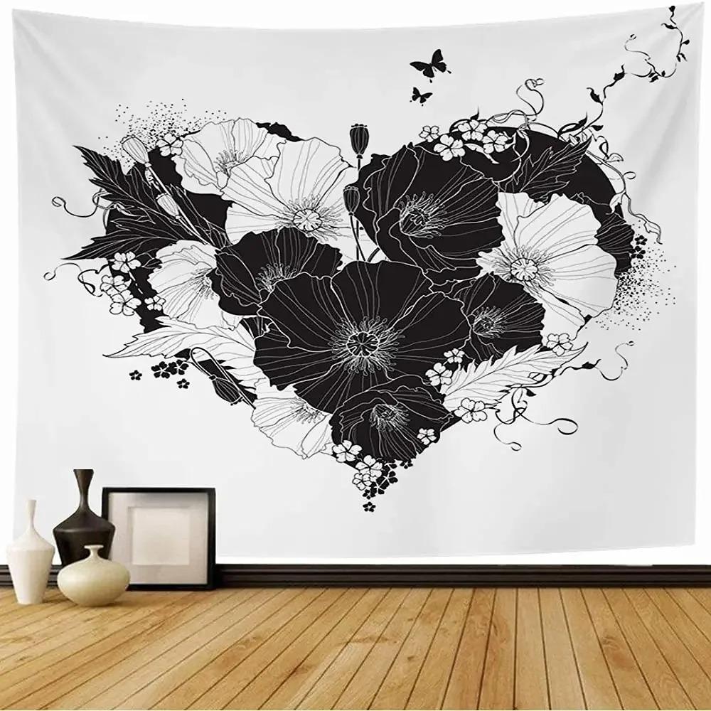 Love Tapestry Floral Love Romantic Shape Heart Tapestry Valentines Day Flowers Wall Hanging Decor for Bedroom Living Room Dorm