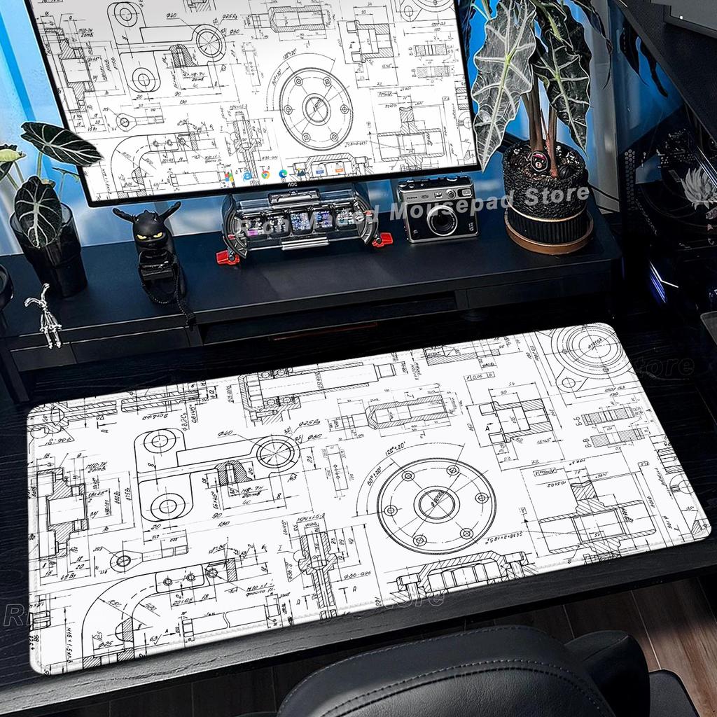 Tappetino per Mouse Nero Grande Disegno Meccanico Ingegnere Mousepad HD XXL Minimalismo Mousemat Tappeto di Gomma Tappetino per Scrivania Accessorio per PC Gaming