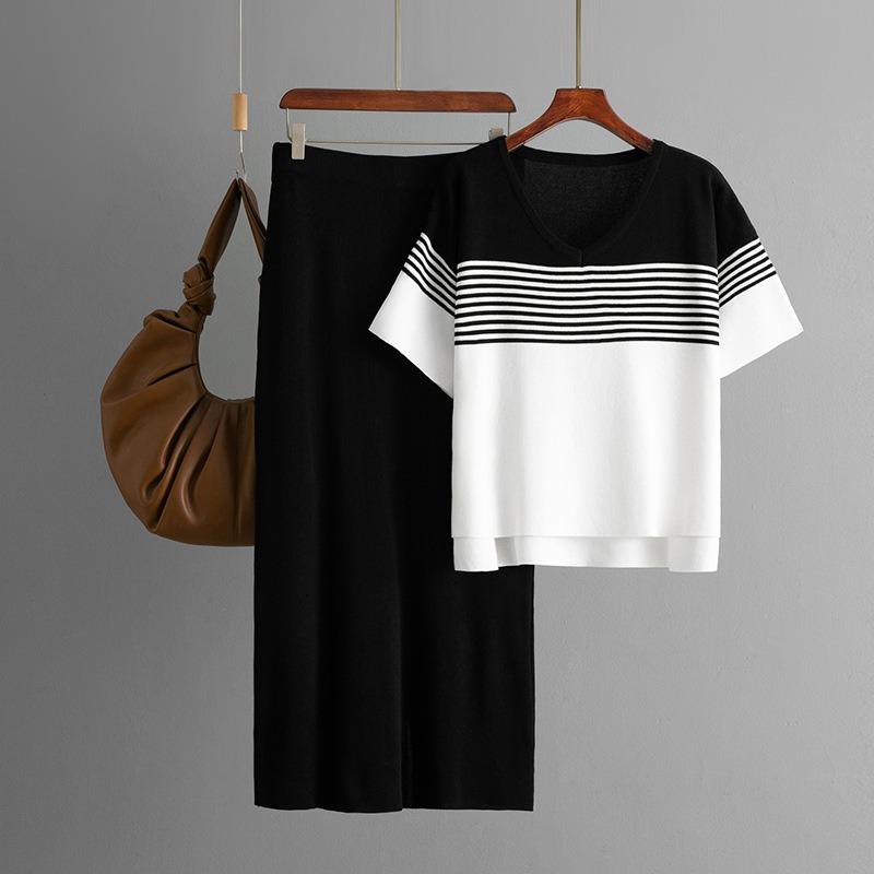 Summer New Fashion Striped Short-sleeved Collar Shirt Set + Casual Skirt Two-piece Set