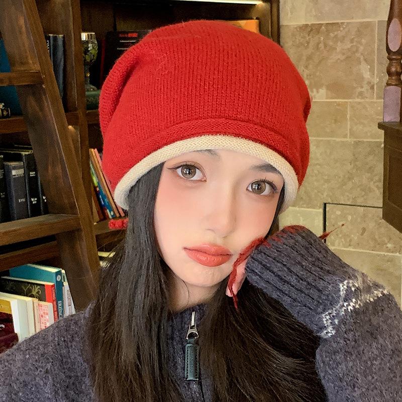 Autumn and Winter Fashion Pullover Knitted Hat Thermal Ear Protection Hat Children's Confinement Hat Versatile Big Head Circumference Stacking Hat