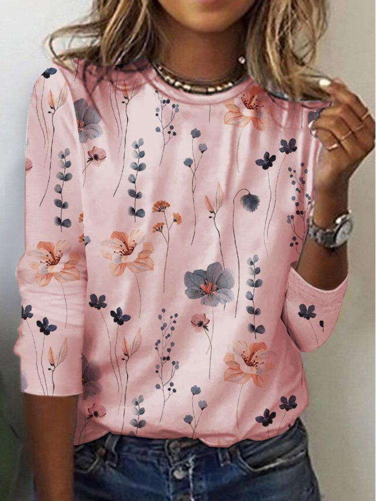 

Fashion American Long Sleeve T-Shirt Women Cross European Flower Print S розовый