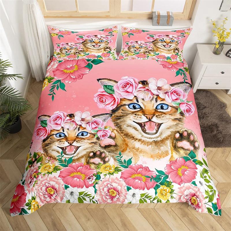 Cartoon-Tier-Bettbezug-Set Zoo Sikahirsch Mikrofaser Rosa Blumig Bettwäsche Einzelbett Twin Für Mädchen Jungen