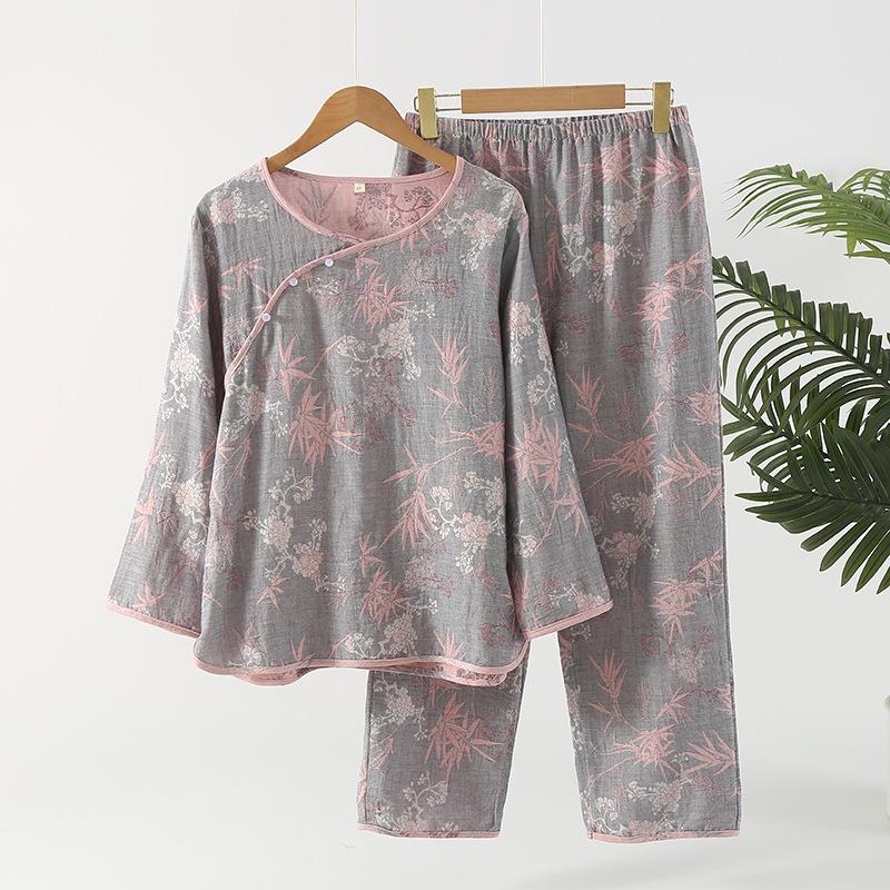 Women's new yarn-dyed pure cotton rich bamboo women's round neck retro pajamas long sleeves trousers set loungewear