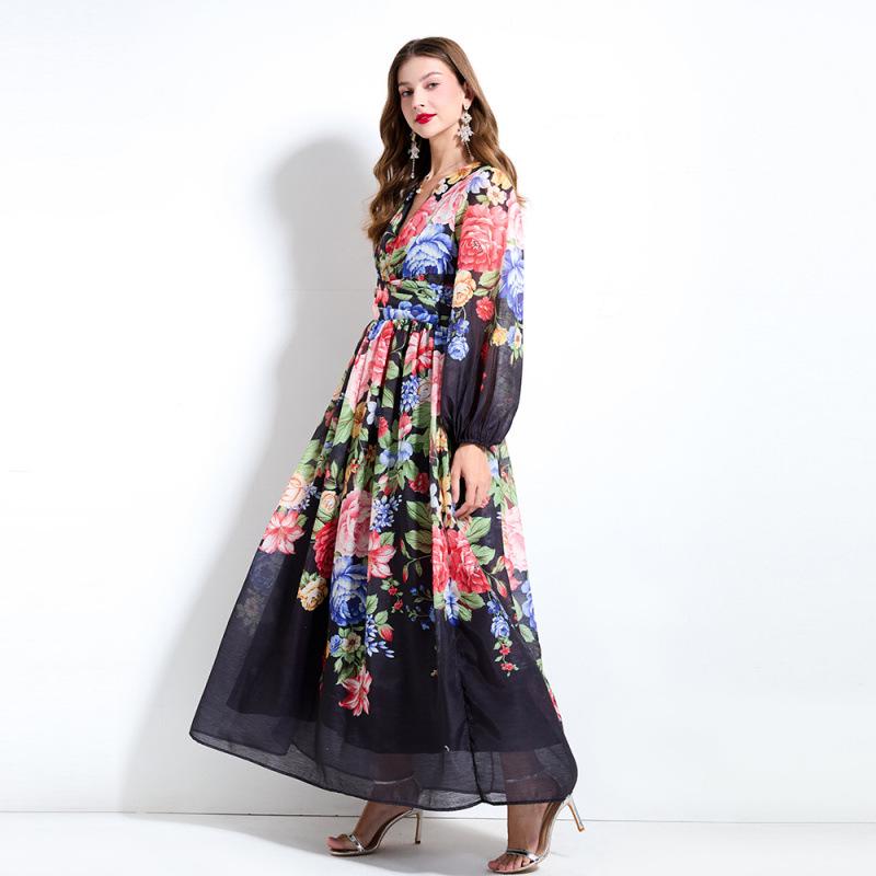 2025 Spring/Summer Floral V-Neck Lantern Sleeve Dress with Ruched Waist & Ruffle Hem