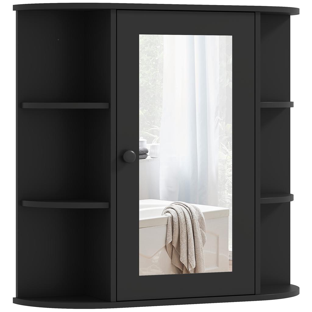 Bathroom Mirror Cabinet with 6 Open Shelves and 2 Closed, In Wood and Glass, 66x17x63 Cm, Black