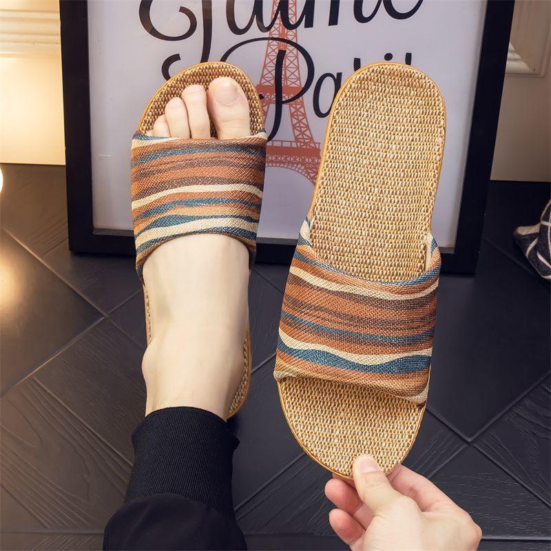 Four Seasons National Style Flax Cool Slippers Couples Breathable Home Use Flat Soft Sole Men's and Women's Confinement Baotou  Confinement Shoes