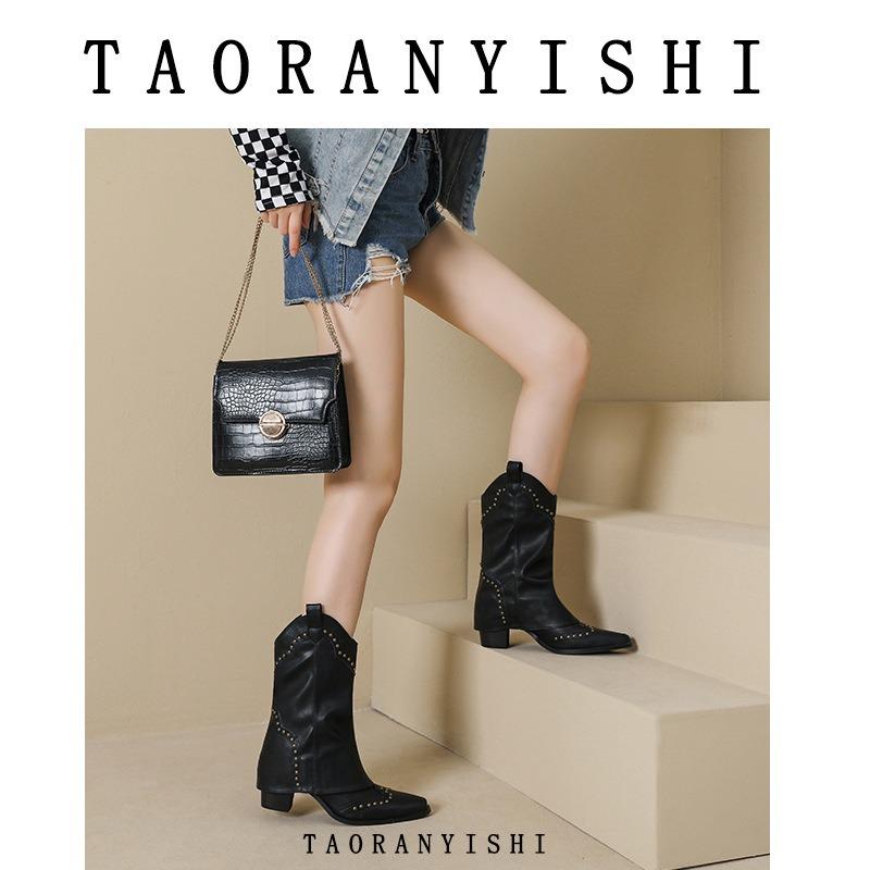 Retro Short Boots Brown Boots Fashion Western Cowboy Boots Riveted Chelsea Medium Tube Boots Women