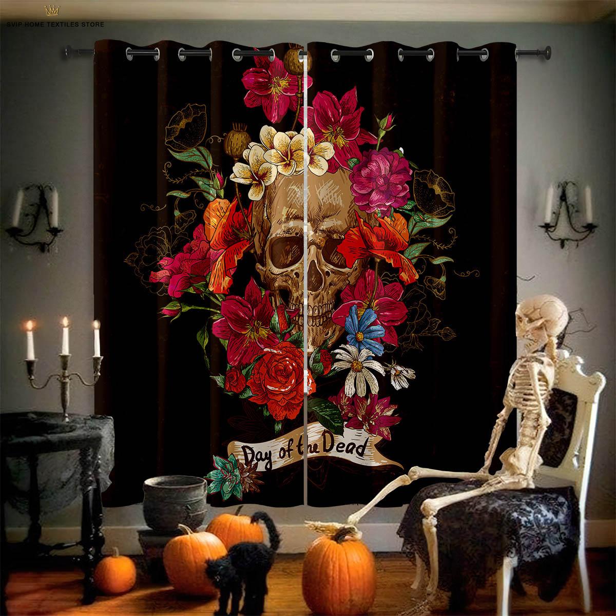 

Light Blocking Window Curtains 3D Pattern Print Floral Pattern Skull Style Pattern Print Window Curtains, Halloween Theme, Gothic Style, Living W100xH130(CM) folio&Grommet Top