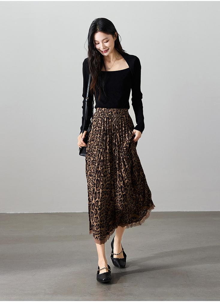 Leopard print high waisted skirt for 2026 spring fashion, loose and versatile, slimming mid to long A-line umbrella skirt