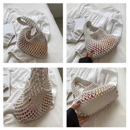 Hand-Woven Wrist Tote Bag Cotton Rope Braided Hollow Out Handbag Ladies Portable Wristlet Handbag for Travel Beach Shopping