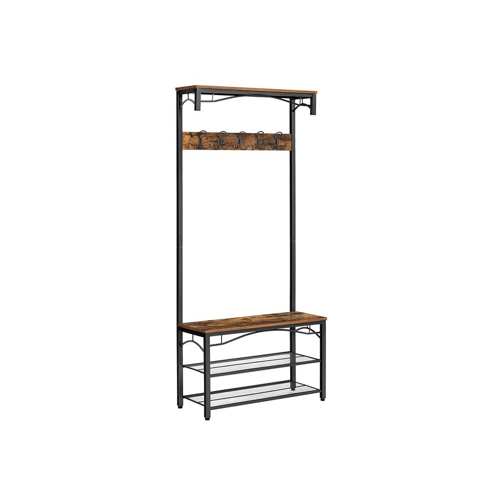 VASAGLE Coat Rack Stand, Industrial Coat Tree, Hallway Shoe Rack and Bench with Shelves, Hall Tree with Hooks, Matte Metal Frame
