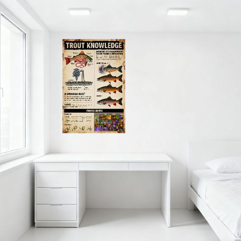 Vintage Trout Knowledge Educational Poster, Anatomy of Rainbow Trout & Fishing Skills Metal Tin Sign for Man Cave Bar Home Decor