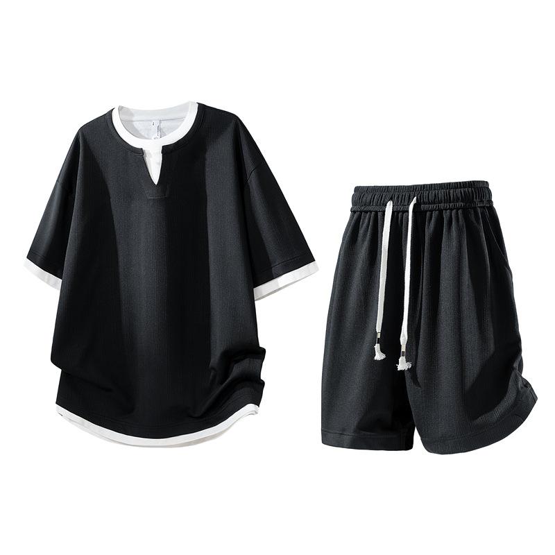 Trendy 2026 Men's Jacquard Sportswear Set: Faux Two-Piece T-Shirt & Shorts
