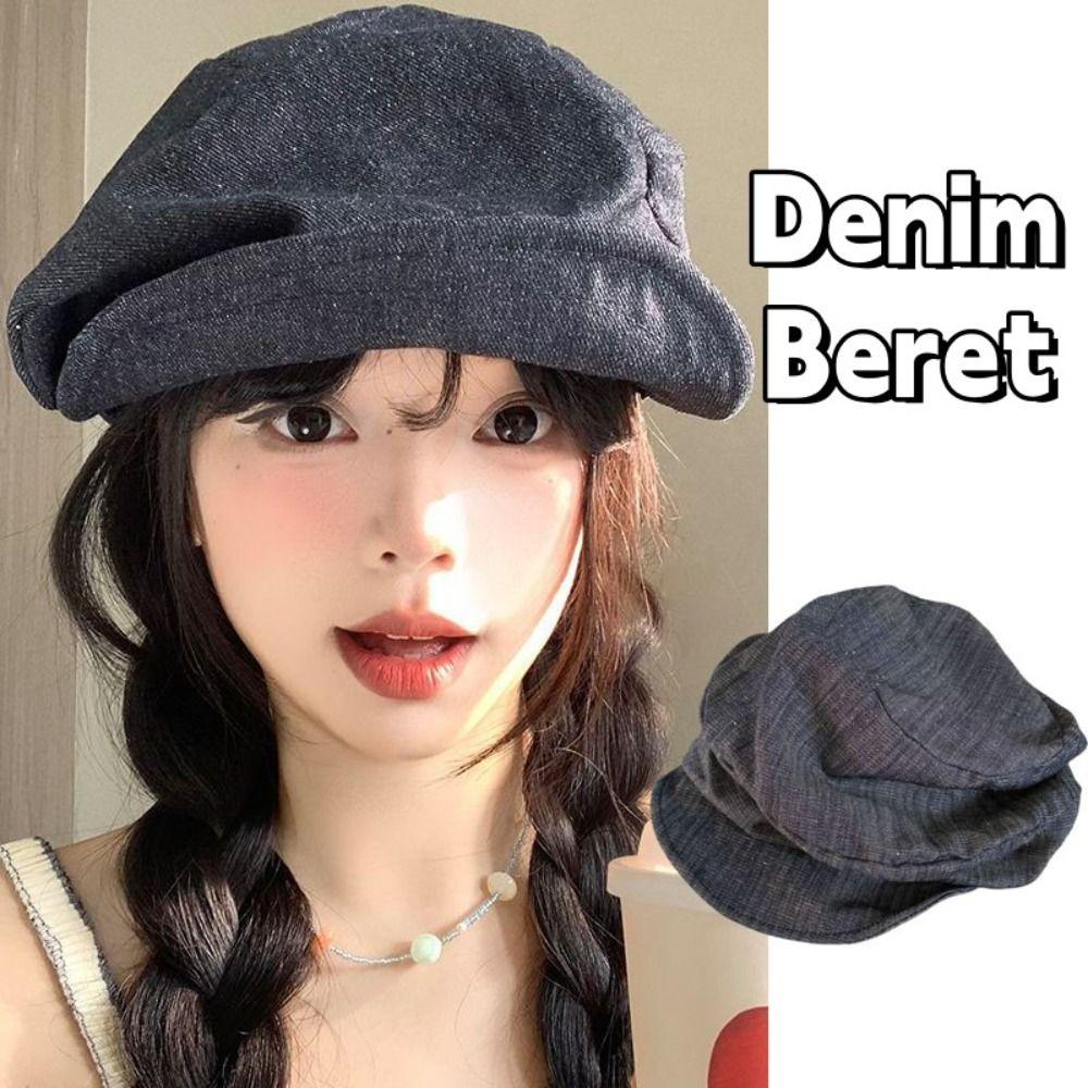 Japanese Denim Beret Cloth Pleated Painter Hat Vintage Octagonal Cap  Outdoor