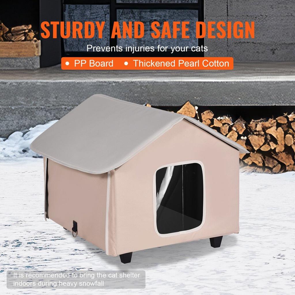 Elevated Heated Cat House Kitty Shelter with Heated Pad Brown Middle