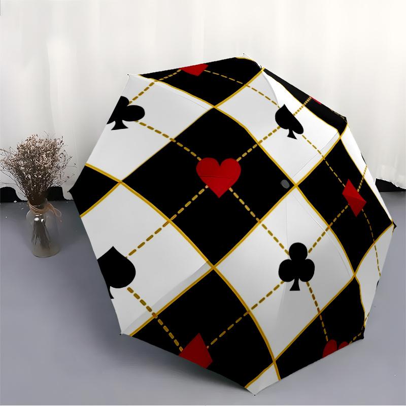 1pc Playing Cards Pattern Automatic Folding Umbrella - Compact 8-Rib Design, Durable Plastic & Iron, Festive Gift, Compact Umbrellan037