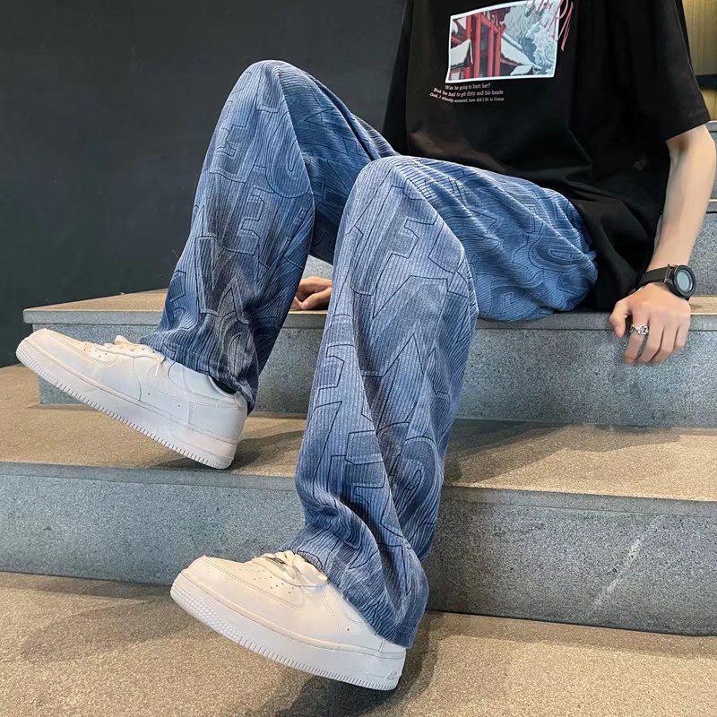 Trendiga Casual Byxor för Herr med Fulltryck i Manchestertyg - Retro Löst Rakt Ben för Vår och Höst.