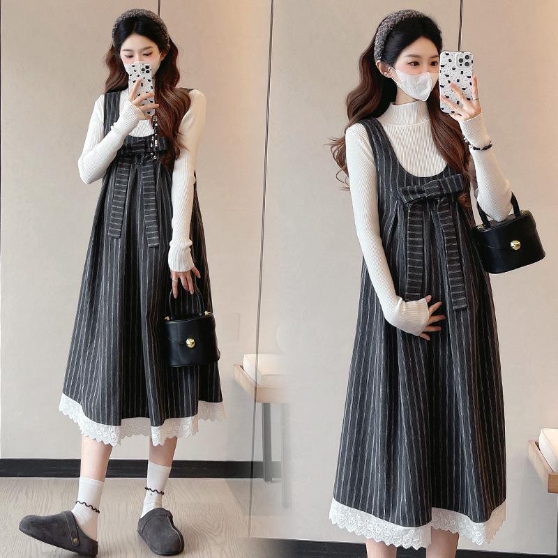 2026 Spring Maternity Lace Bow Stripe Dress & Sweater Set L