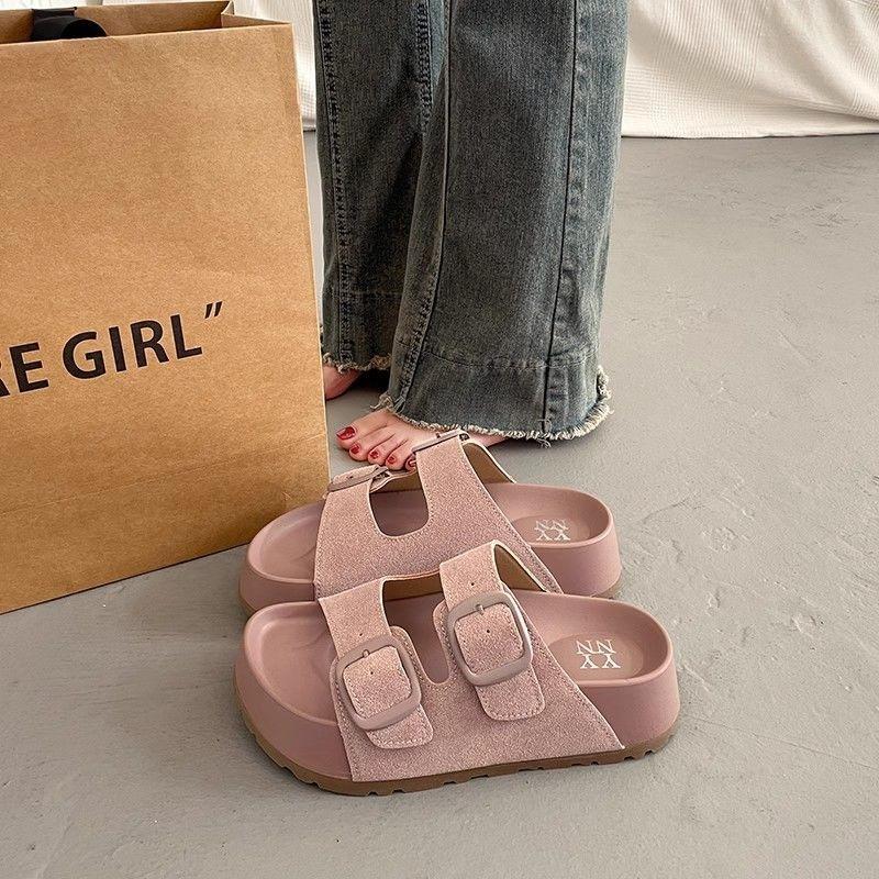 Platform Slippers Women's Summer Wear Retro Versatile Sandals New One-word Drag Boken Beach Sandals