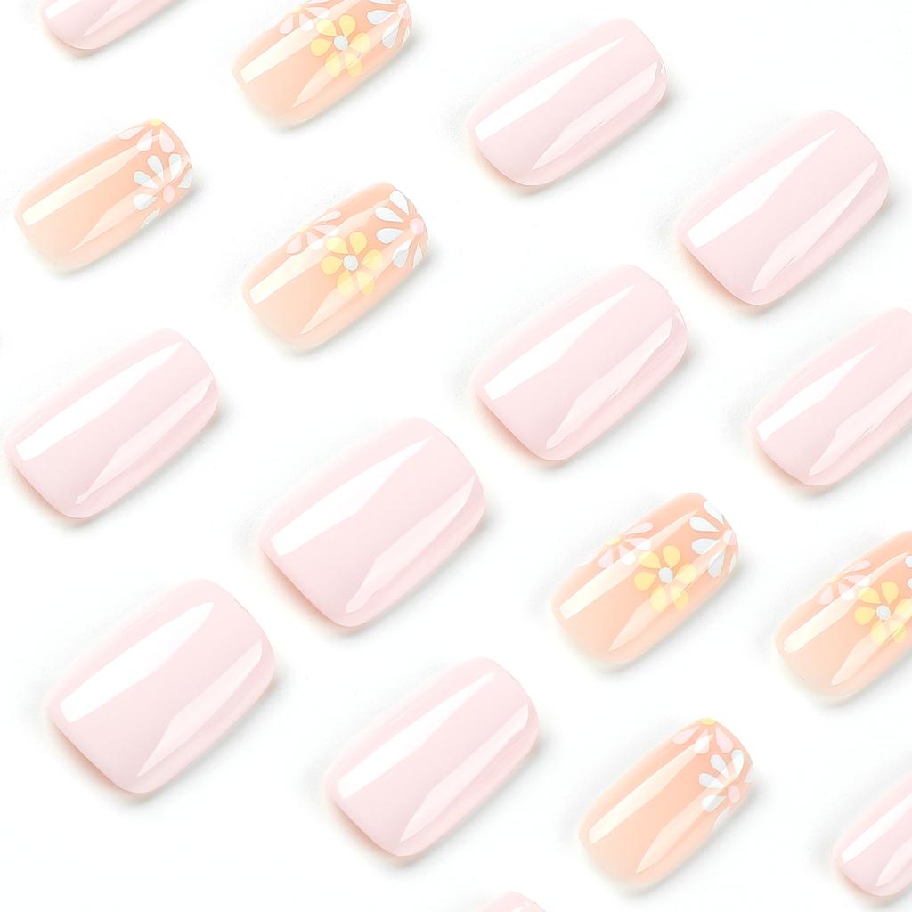 Wearable Nail Sticker Pink Nail Piece with Three-color Flower Nail Piece Wearable Nail Short Nail Piece Fake Nail