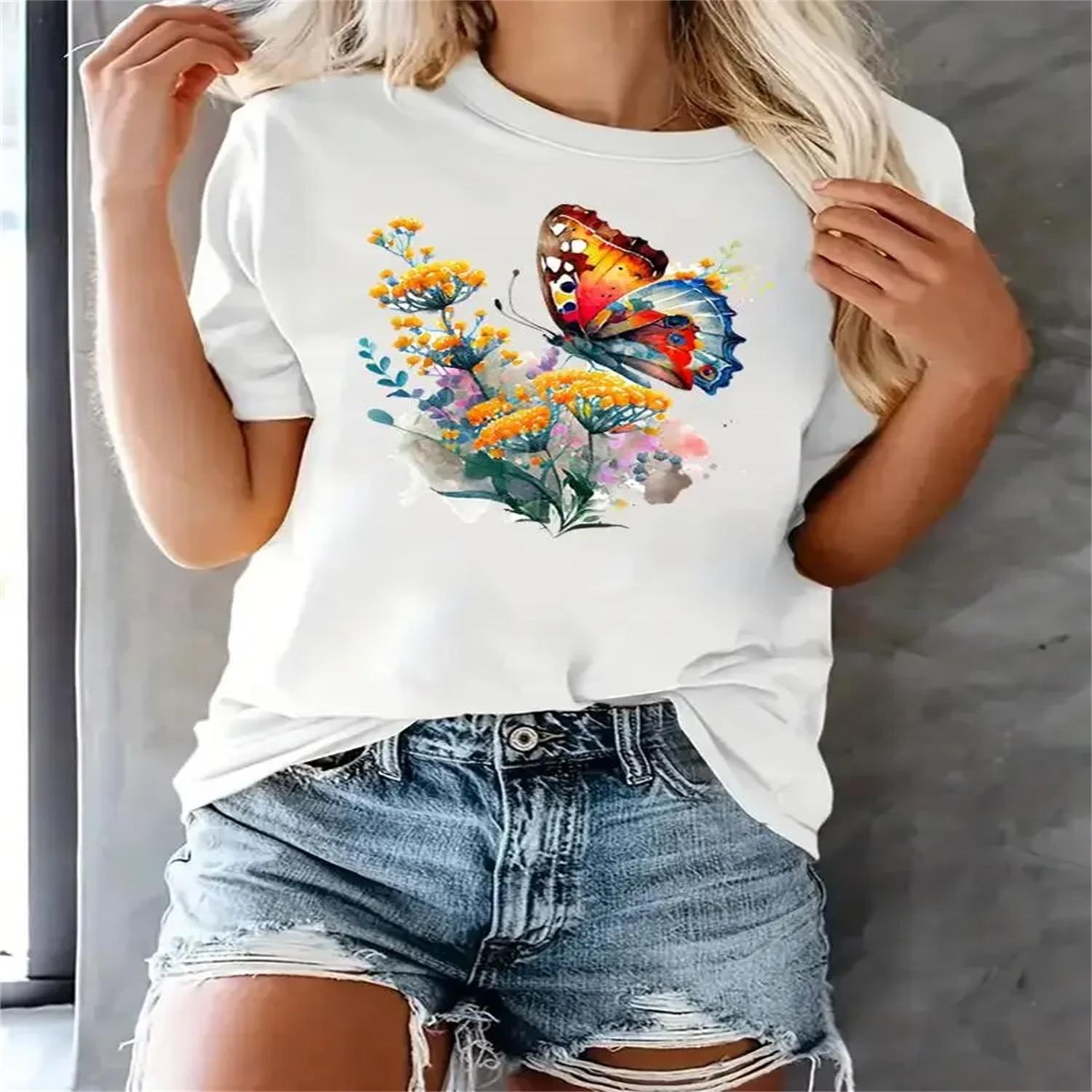 

Butterfly Lovely Trend 90s Short Sleeve Printed T Shirt Clothing Female Fashion Women Top Casual Tee Clothes Graphic T-shirts XXXXXL білий