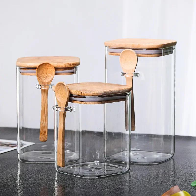 1000/1200/1500mL Square Sealed Glass Storage Jar with Spoon and Bamboo Lid Coffee Bean Grain Seasoning Food Storage Containers