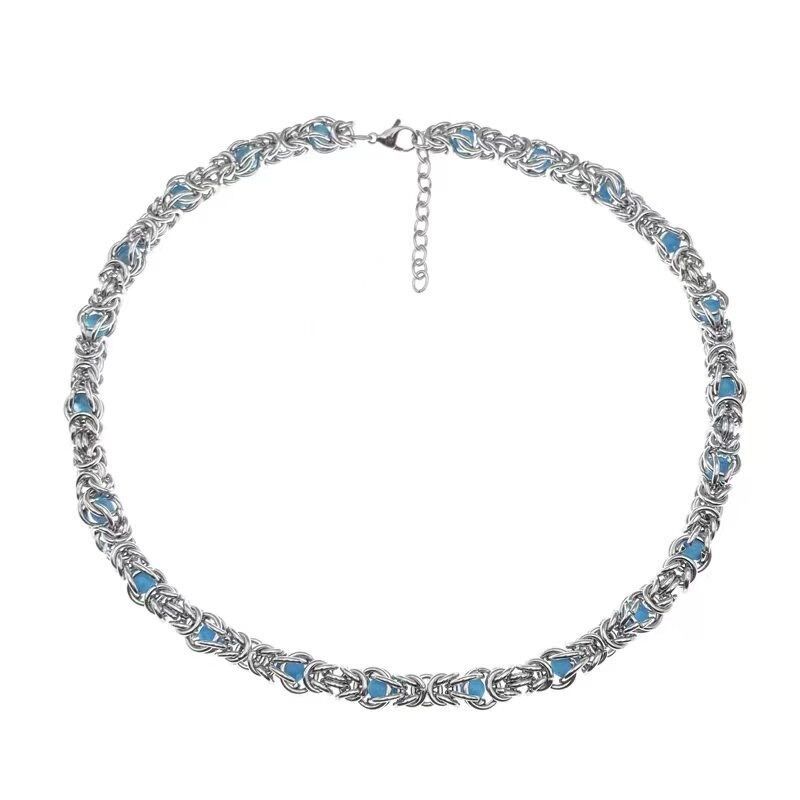 Sapphire Inlaid Titanium Steel Necklace Male Niche Design Hip Hop Thick Chain Collarbone Chain Couple Accessories