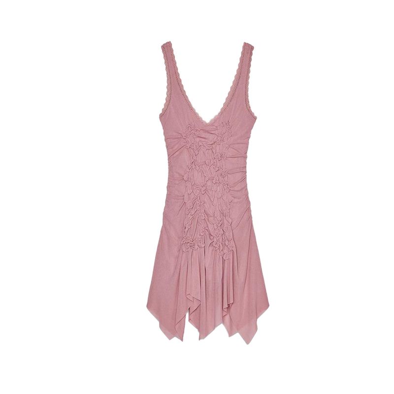 

Весенне-летняя новая женская одежда во французском стиле, мини-платье с V-образным вырезом, кружевной отделкой и асимметричной драпировкой 1937306 Pink L