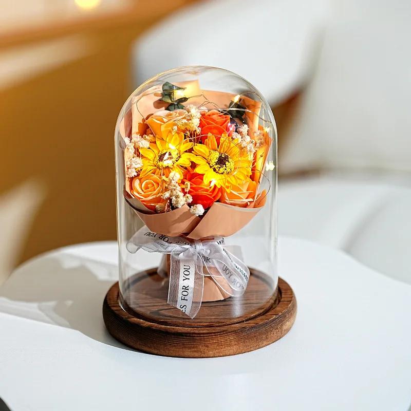Real Dried Sunflower Bouquet with LED Light Real Eternal Roses Lamp Sunflower Glass Cover Graduation Valentine's Mother's Gift