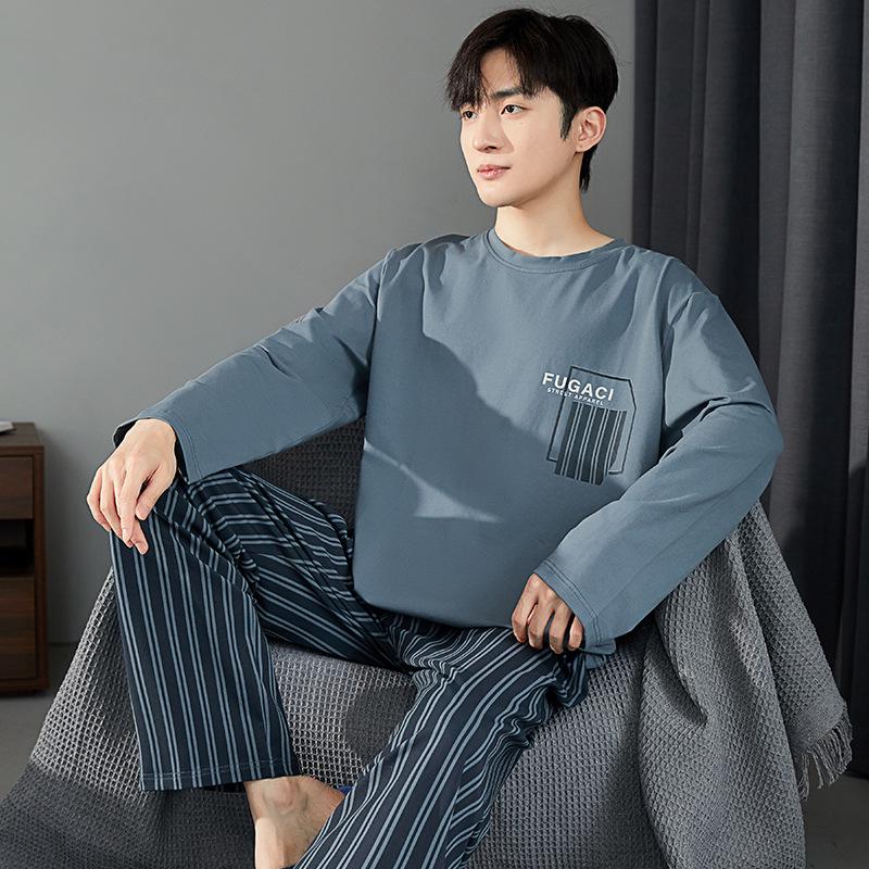 Pijama de manga larga 100 % algodón para hombre: informal, cuello redondo, ideal para usar en exteriores, perfecto para primavera y otoño.