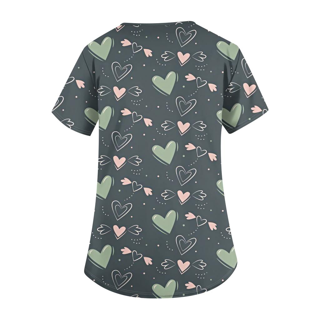 Damen Niedliches Schleifenmuster Arbeitskleidung V-Ausschnitt Doppellagige Taschen Basic Kurzarm Oberteil Pullover