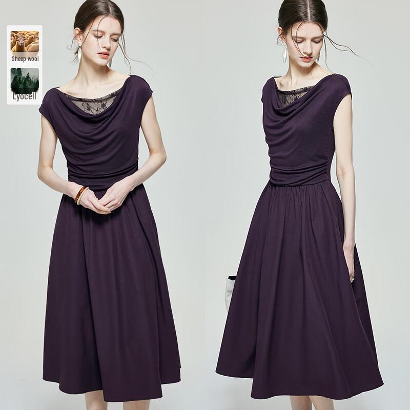 Fogway Elegant Tencel-Blend Lace Patchwork Pleated Maxi Dress L