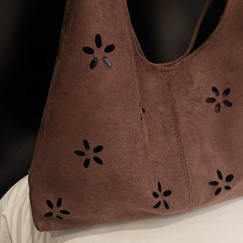 Floral Cutout Suede Hobo Bag with Open Top Design Large Capacity Fashion Shoulder Bag