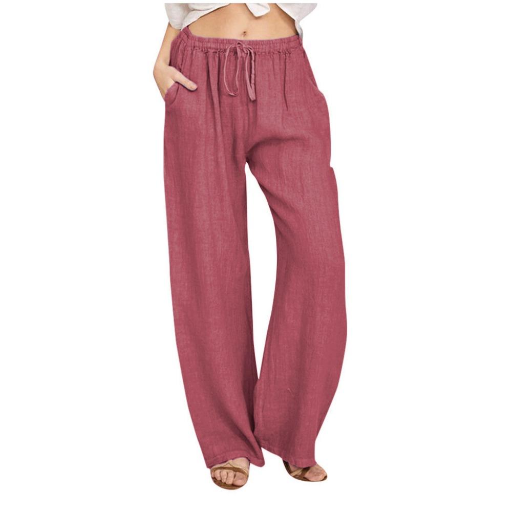 GMXIA Large Size Women's Elastic Waist Long Linen Casual Loose Wide Leg Trousers