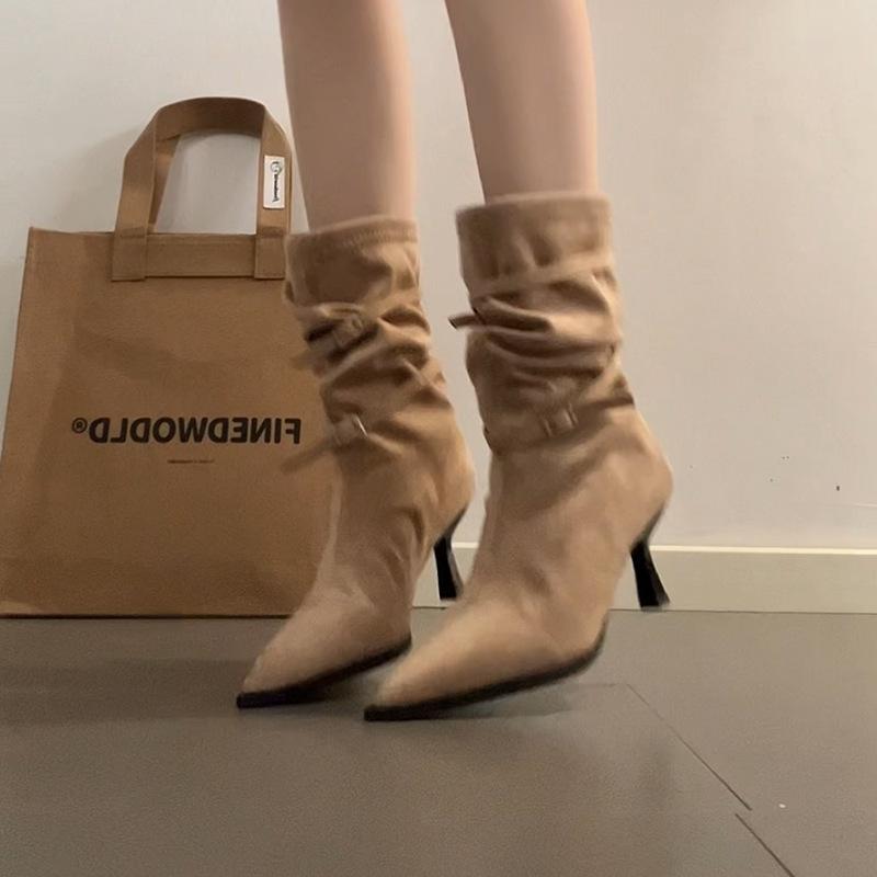 Thin heel French skirt heightening fashion boots women's 2025 autumn and winter new belt buckle simple versatile comfortable short boots