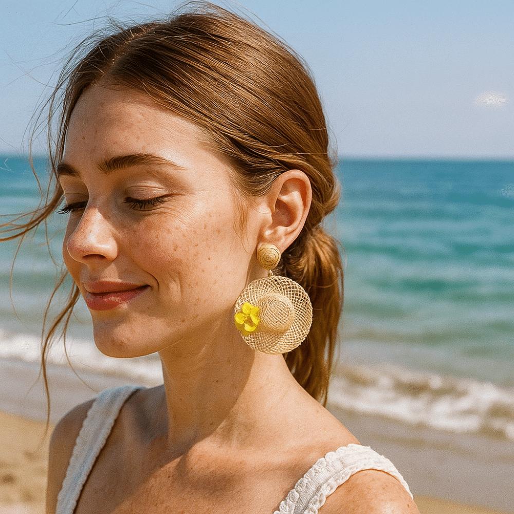 Flower Rattan Weave Earrings Vacation Style Bohemian Drop Earrings Straw Hat Earring  Gift