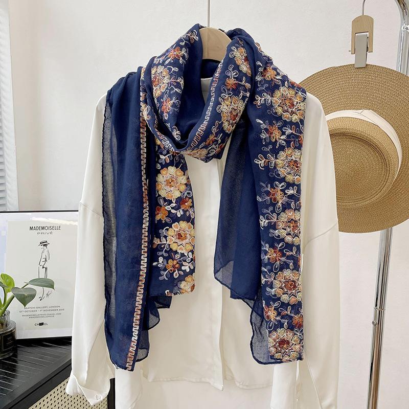 New embroidered flower cotton scarf with temperament shawl women's scarf neck protection fashionable and warm
