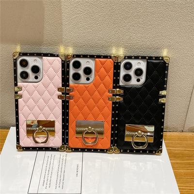 Fashion Rhombic Gold Plating Leather Phone Case For iPhone 16 15 Pro Max 14 Plus 13 12 11 XR Ring Holder Cover